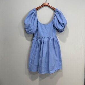 Blue 100% Linen Puff Sleeve Smocked Back Mini Dress XXL coquette cottagecore